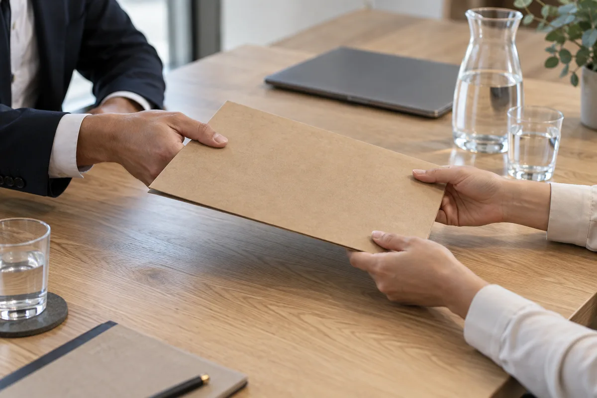 Mains de deux personnes se passant une chemise cartonnée unie au-dessus d&rsquo;une table de réunion