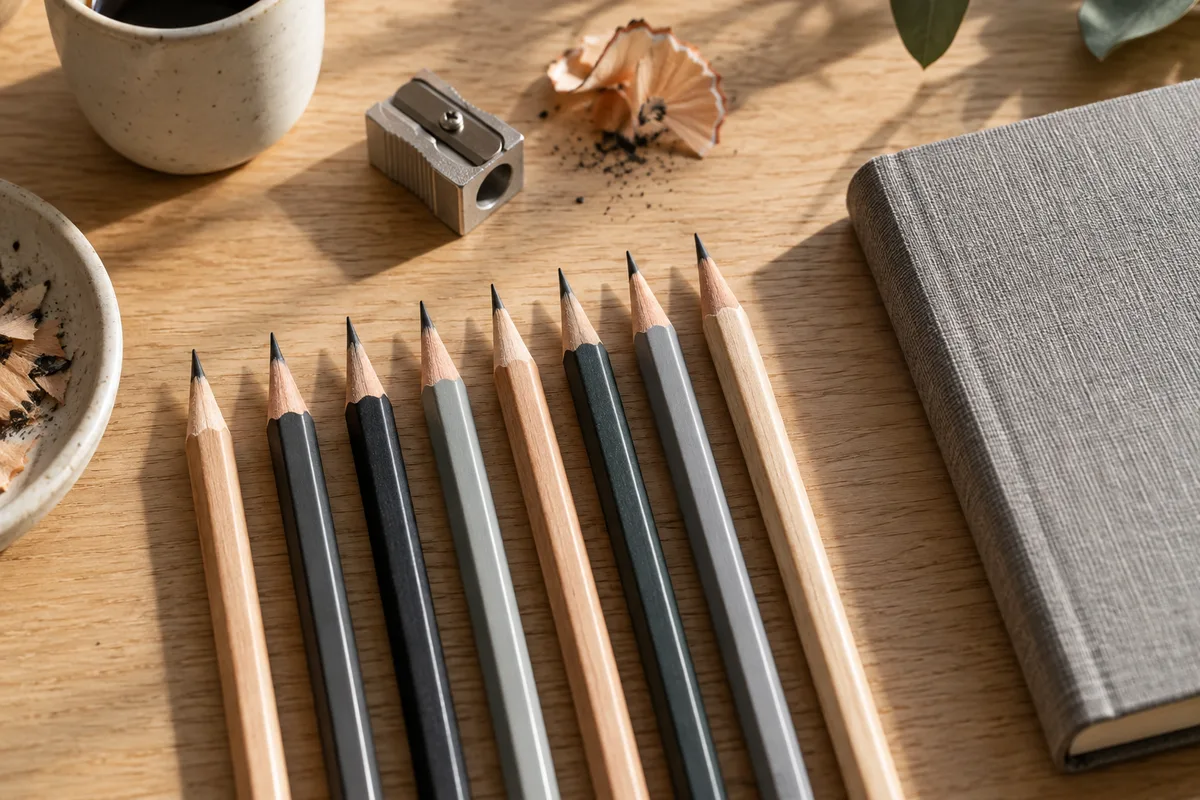 Crayons de papier taillés alignés près d&rsquo;un carnet fermé sur un plan de travail en bois clair