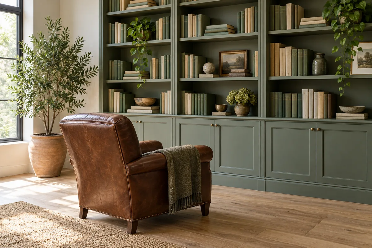Bibliothèque de bureau aux dos de livres unis avec un fauteuil vide et une plante verte