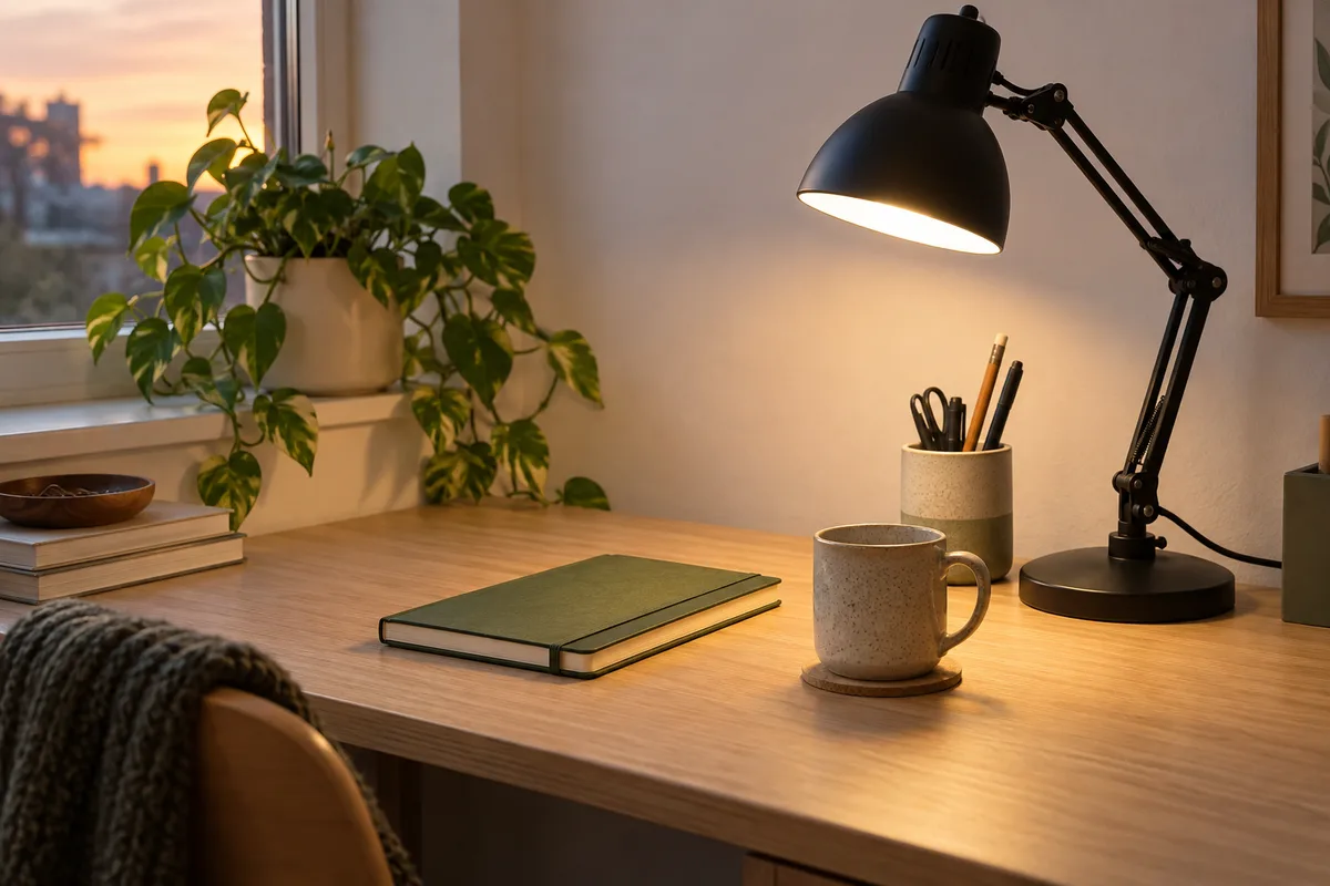 Bureau d&rsquo;étudiant éclairé par une lampe, carnet fermé et tasse posés à côté