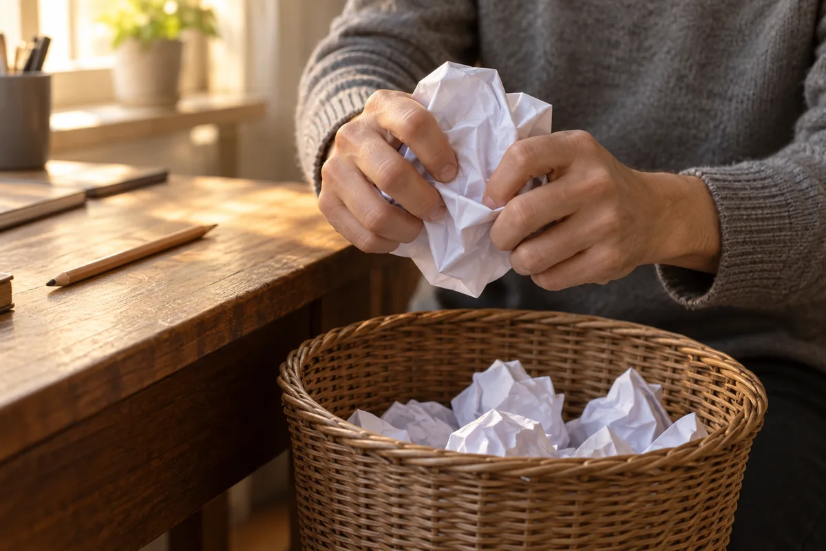 Mains froissant une feuille de papier au-dessus d&rsquo;une corbeille remplie de brouillons