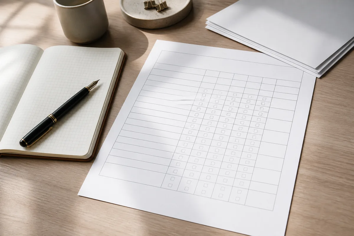 Grille d’évaluation de rédacteurs web posée sur un bureau de travail