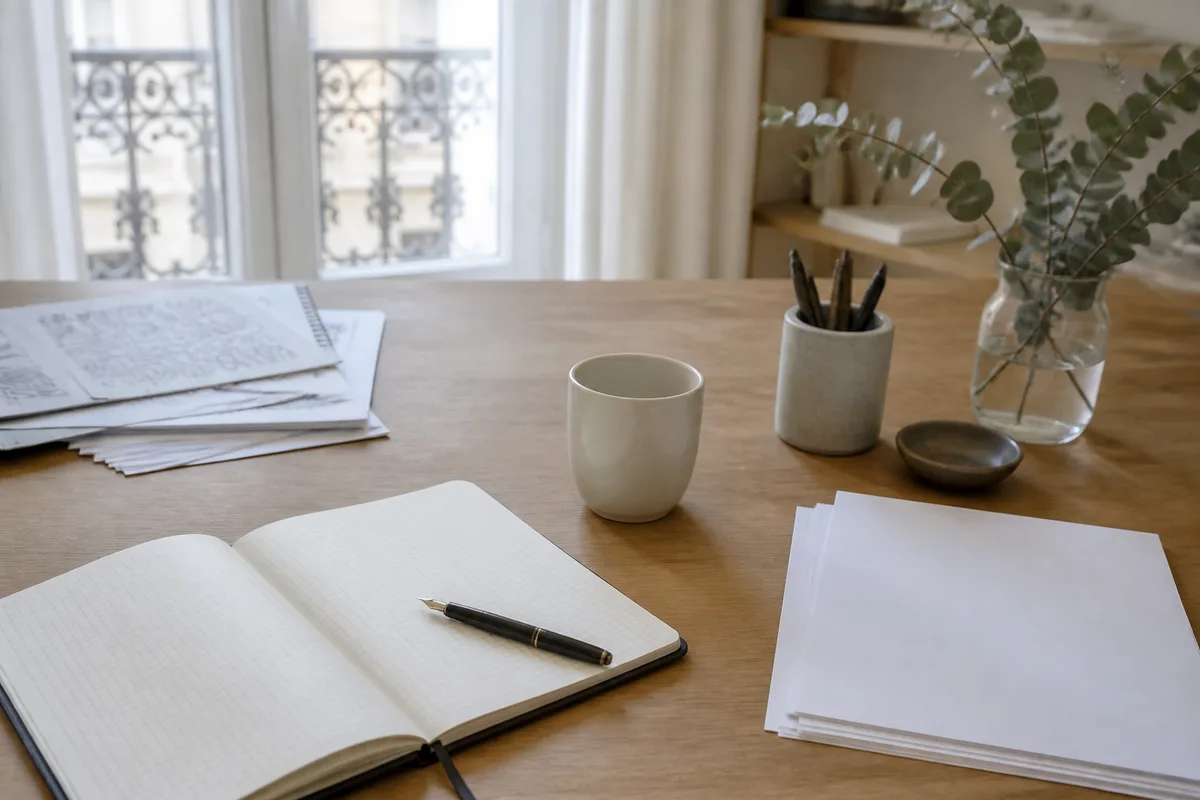 Poste de travail d&rsquo;un rédacteur web freelance avec notes et plan de contenu