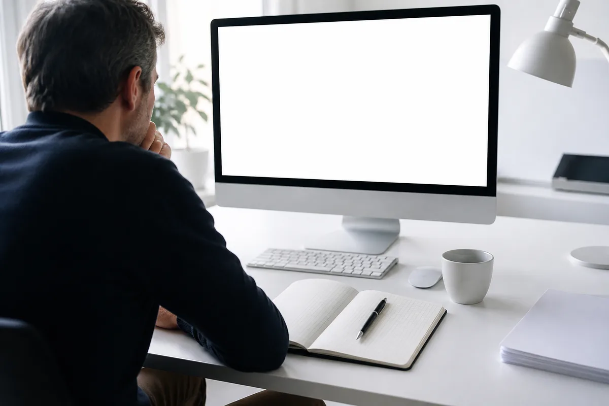 Dirigeant hésitant devant une page blanche sur son écran d’ordinateur