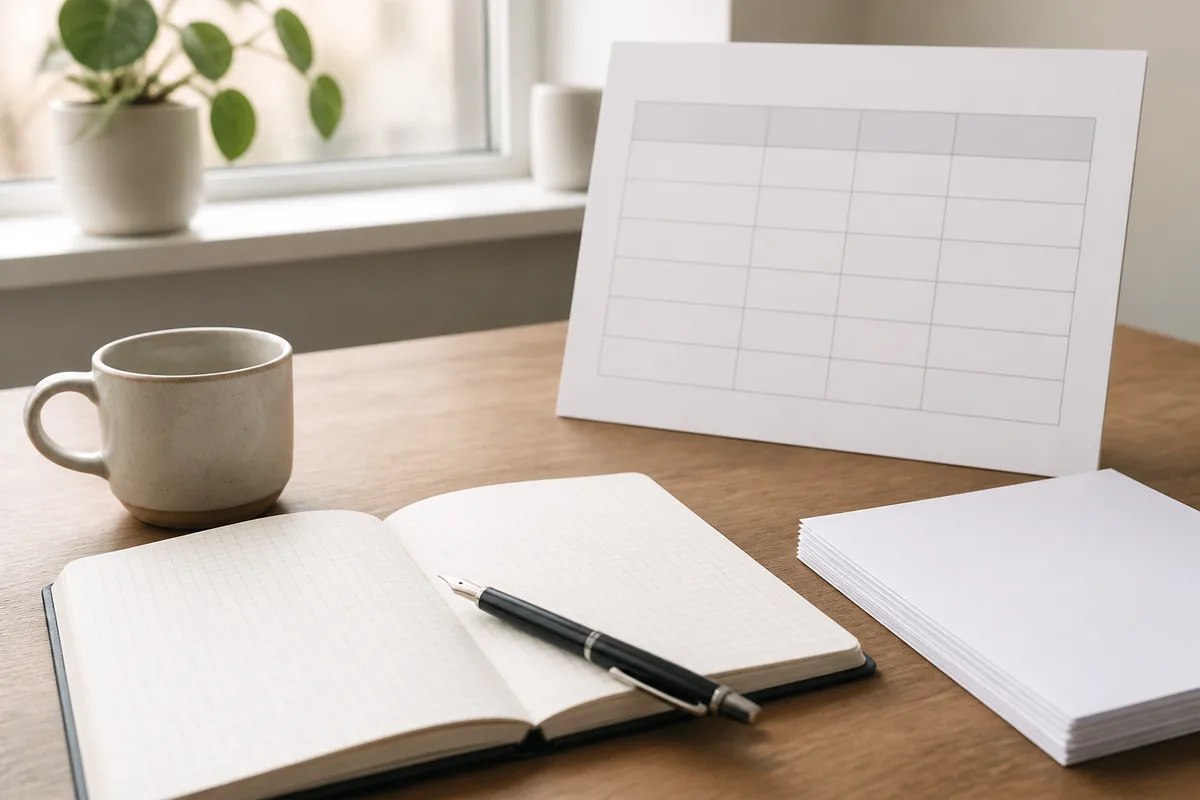 Bureau d’un rédacteur web avec une grille tarifaire et un carnet de notes